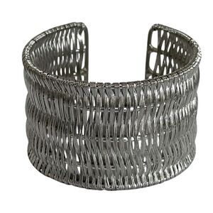 Cuff Bracelet Wide Statement Silver-tone Metal Basket Weave 2.5”